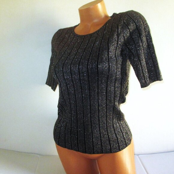 T Tahari Black Gold Shimmer Lurex Ribbed Knit Sweater Top SMALL Metallic nwt - Picture 4 of 6